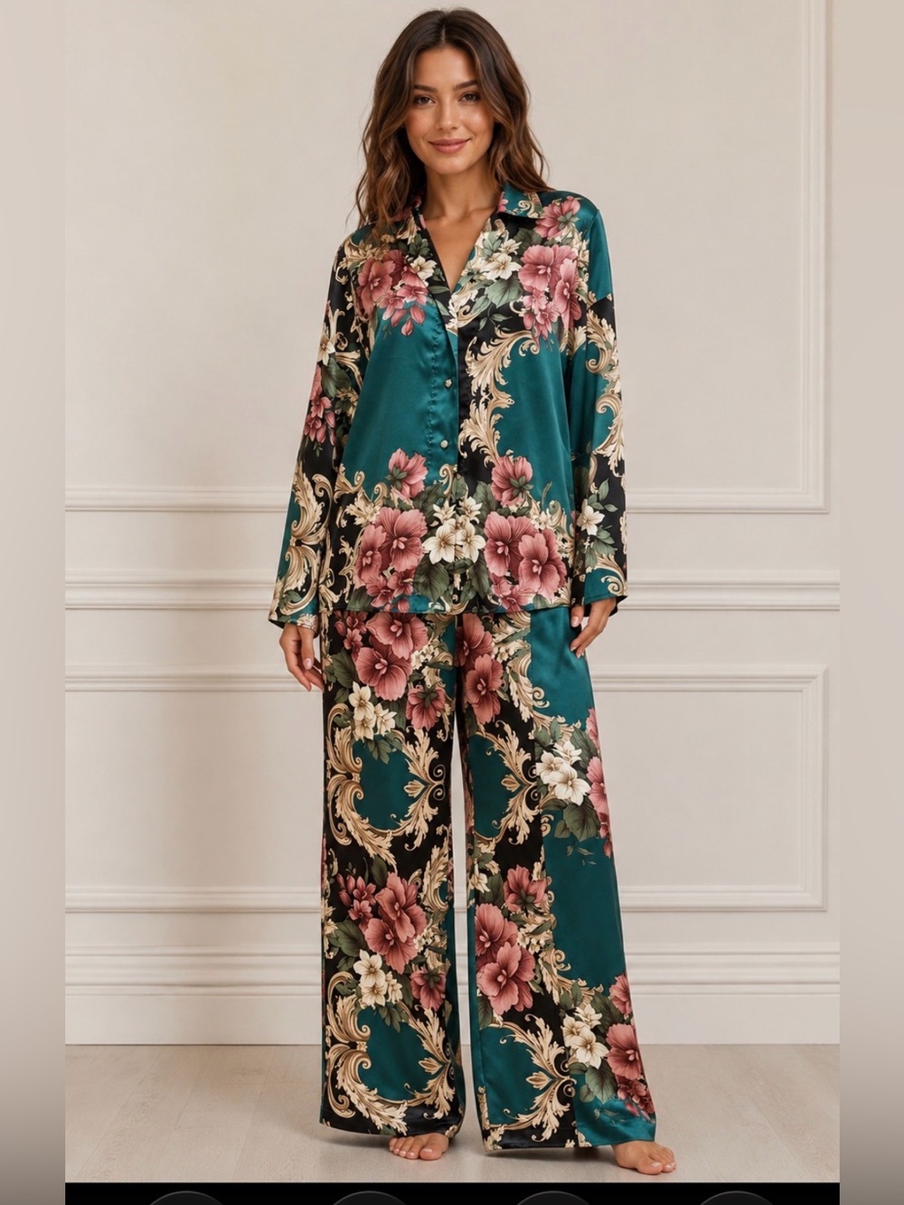 Floral Satin Pajama Set in Teal and Pink